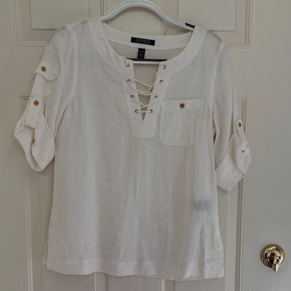 Lauren Ralph Lauren White Lace-Up Linen-Blend Tunic